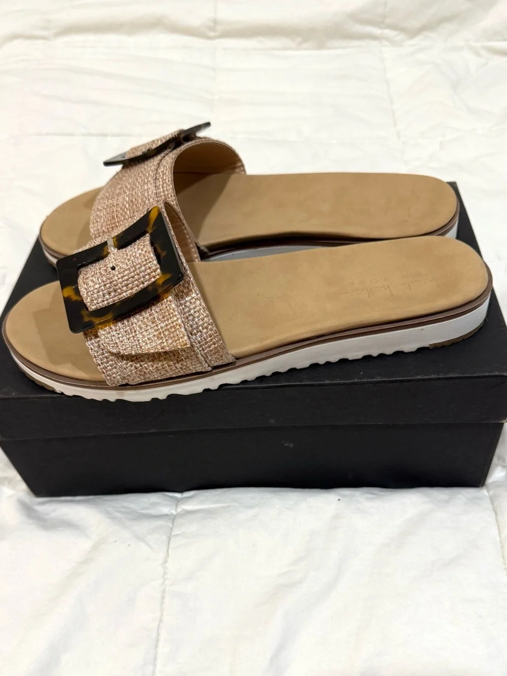 Nicole Miller Tan Woven Slide Sandals with Tortoiseshell Buckle